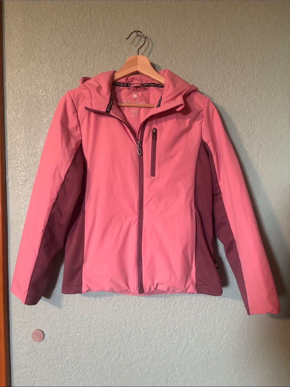 Spyder Girls Two-Tone Pink Hooded Softshell Jacket With Hood Size Large 14/16